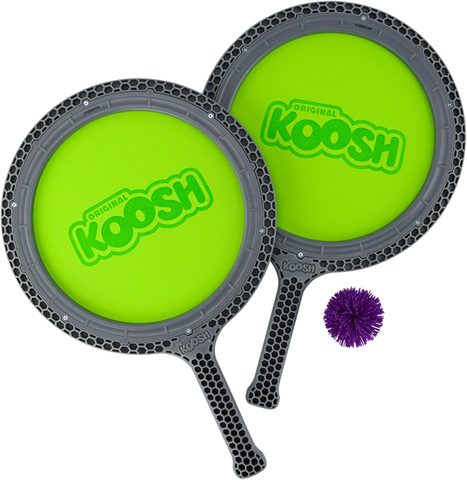 Two Koosh paddles with a mesh rim and a Koosh ball